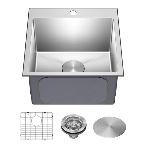 KRAUS 18 x 18 inch Standart PRO™ Drop-In Top Mount 16 Gauge Single Bowl 1-Hole Stainless Steel Kitchen Sink Set (5 Item Bundle: Sink, Bottom Grid, Drain Assembly, Drain Cap, Kitchen Towel), KHT301-18 - image 1