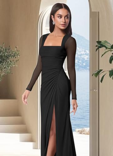 firfig Women Mesh Long Sleeve Square Neck Ruched Sheath Formal Evening Maxi Dress Cocktail Party Wedding Guest Dresses4