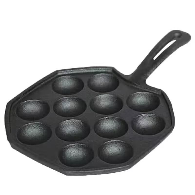 VONOTO Cast Iron Takoyaki Pan, Takoyaki Grill Pan, Takoyaki Maker Skillet, Octopus Meat Ball Mold Maker (12 Holes Iron Handle)