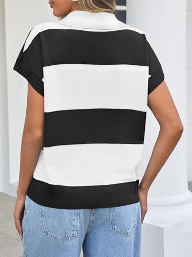 Image of Saodimallsu Women's V Neck Button Down Striped Short Sleeve Knit Sweater