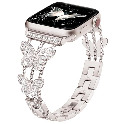 Image of Butterfly Band for Apple Watch Bands 44mm 45mm 46mm Starlight | Series 11 10 9 8 7 6 5 4 3 iWatch SE Ultra Band for Women, Slim Thin Metal Fancy Bling Dressy Strap for Apple Watch Band