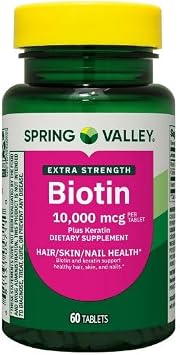 Spring Valley Extra Strength Biotin Plus Keratin Dietary Supplement Tablets for Hair/Skin/Nail Health, 10,000 mcg, 60 Count