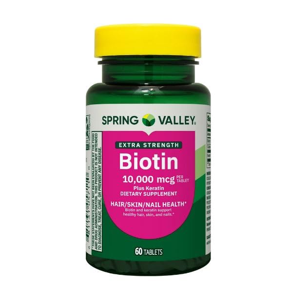 Spring Valley Extra Strength Biotin Plus Keratin Dietary Supplement Tablets for Hair/Skin/Nail Health 10 000 mcg 60 Count