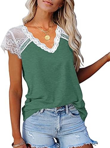 KINLONSAIR Women's Crochet Lace Basic V-Neck T-Shirts Short Sleeve Loose Fitting Tunic Tank Tops