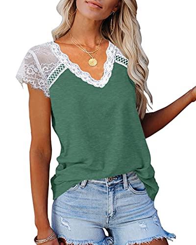Kinlonsair Women's Crochet Lace Basic V-Neck T-Shirts Short Sleeve Loose Fitting Tunic Tank Tops #TOP26