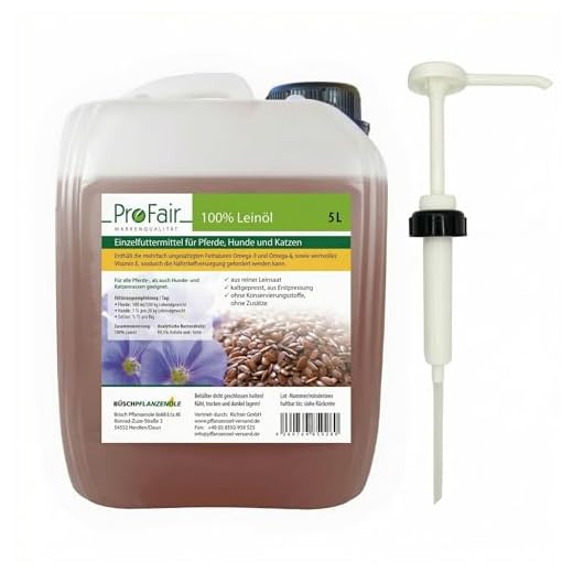 ProFair Leinöl für Pferde, Hunde & Katzen, kaltgepresst unter 40 °C, Erstpressung, 100% reine Leinsaat, Einzelfuttermittel, 5 L Vorratskanister inkl. Kanisterpumpe (ca. 30 ml/Hub)