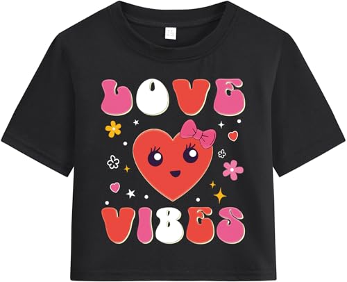 Image of Girls Valentine T-Shirts Crop Tops Short Sleeve Shirts Little Kids Love Heart Graphic Tees