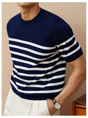 Men's Striped Sweaters Color Block Short Sleeve Crew Neck Knit Top4