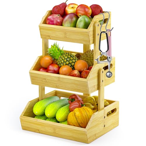 JANSNIMEN 3 Tier Bamboo Fruit Basket, Fruit Basket for Kitchen Counter Fruit Bowl Fruit and Vegetable Storage, Fruit Bowl for Onion Potato Bread Snack Organizer and Kitchen Decor
