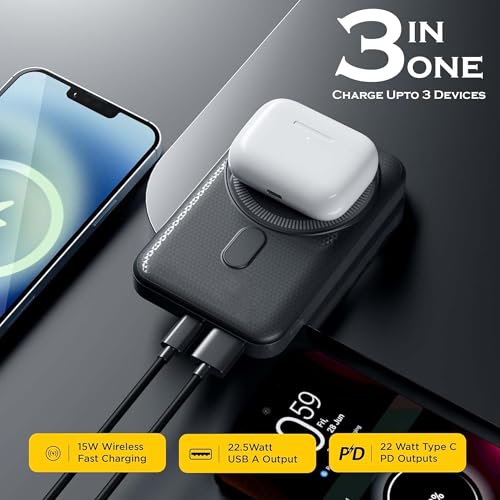 Image of Kratos 22.5w Fast Charging wireless power bank for iPhone,10000mAh,USB Type C Connector,15w Wireless Output,for magsafe powerbank for iphone 12&above,All wireless Enable phone of Samsung,Oneplus,Black