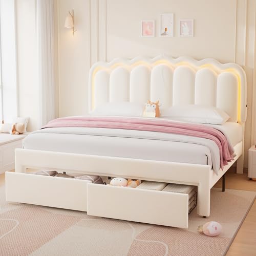 King Upholstered LED Bed Frame with 2 Storage Drawers and Adjustable Chic Double Wavy Headboard, Velvet Princess Platform Bed with Charing Station, Solid Wood Slats Support, No Box Spring Needed,Beige