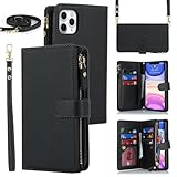 iCoverCase Compatible with iPhone 11 Pro Max Wallet Case with Card Holder, Crossbody with Wrist Strap, PU Leather Not Detachable Flip Cover Case 6.5 Inch (Black)