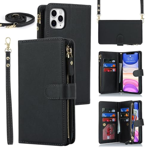 Étui portefeuille iPhone 11 Pro Max noir iCoverCase avec dragonne