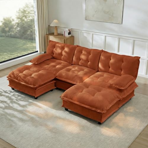 Image of 107 inch U-Shaped Sectional Couches for Living Room, Orange 3 Seater Modern Chenille Deep Seat Sofa Set, Salas para Casa, High Back Cloud Couch Modular Sectional Sets with 2 Ottoman