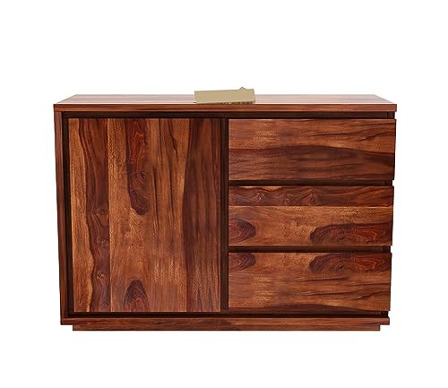 Image of SHIKHA WOOD CRAFT Solid Sheesham Wood Sideboard Cabinet with 3 Drawers and 1 Door Storage | Multipurpose Wooden Chest of Drawers Furniture for Bedroom, Home, Living Room, and Office (Natural Finish)