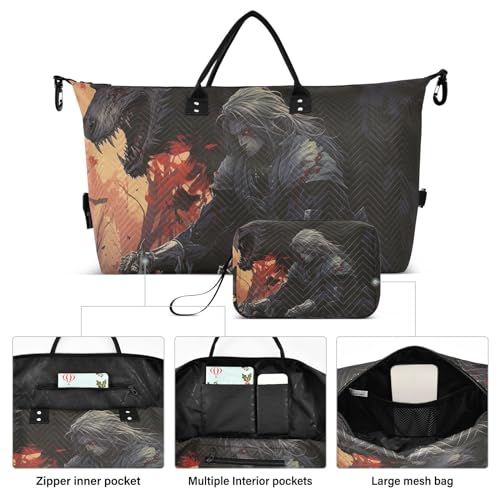 Large Travel Duffel Bag, Wolf and Man Sports Tote Gym Bag, Shoulder Weekender Overnight Bag for Women Men, Carry On Luggage with Toiletry Bags2