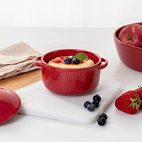 Fe Casserole Dish With Lid, 10 Oz Mini Cocotte, Ceramic Lace Embossed Small Casseroles For Individual Serving, Set Of 4(Christmas Red) #TOP5