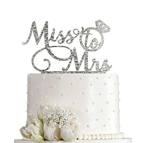 Miss To Mrs Cake Topper - Bridal Shower, Mr and Mrs Wedding / Engagement / Marriage Party Decoration, Silver Glitter Acrylic