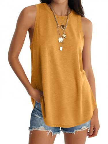 Image of UNCLECAT Womens Oversized Long Tank Tops Summer Sleeveless Tunic Tops | Loose Fit Flowy Tunic,Casual Basic Tank Tops,Workout Tank Tops,Yoga Gym Tees,High Neck,Solid Color