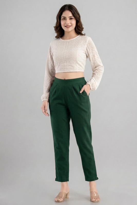 Image of Solid Cotton Woman Trousers Pants Regular Fit Kurti Pant with Drawstring Daily Office Formal Casual Use
