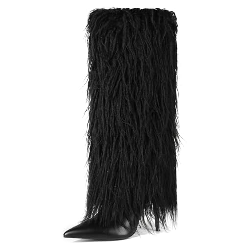 Makmeoyw Women's Fur Knee High Boots Female Stiletto Heel Furry Side Zipper Pointed Toe Black Clubwear Party Evening Tall Boots Size