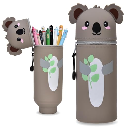 LVZONGXIN Kawaii Federmäppchen, 2-in-1 Weiche Silikontasche - Tischstifthalter, Reißverschluss, Silikon, Stiftetasche Buntstifte Marker, H 18,5 cm (Koala)