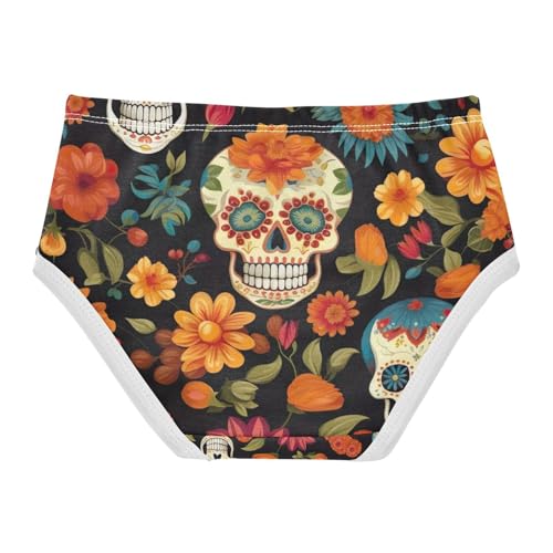Kids Underwear Girls, Floral Sugar Skull Orange Toddler Girl Briefs, Cotton Girls Underwear, 2T–8 Years2