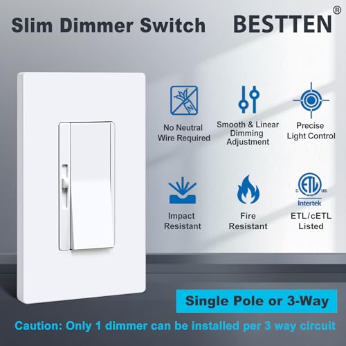 Image of BESTTEN 6PK Slim Dimmer Light Switch, Single Pole or 3 Way Dimmable Switch | ETL Listed, Max 300W LED, CFL, 600W Incandescent, Quiet Rocker, Screwless Wall Plate Included, White