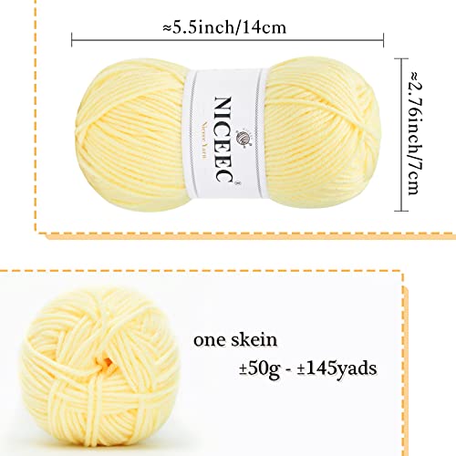Image of NICEEC 300g Soft Assorted Colors Yarn - Sport Weight,100% Acrylic, 4 Ply, Bonbons Yarn for Crochet & Knit, DIY Project Starter Kit for Kids or Adults(Total 870yds) - Yellow