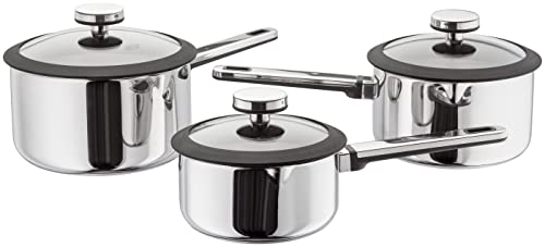 Stellar Stay Cool SLA1 Set of 3 Stainless Steel Draining Pans, 16cm, 18cm & 20cm Pans with Glass Strainer Lids, Engineered Stay-Cool Handles, Oven Safe, Induction Ready, Dishwasher Safe