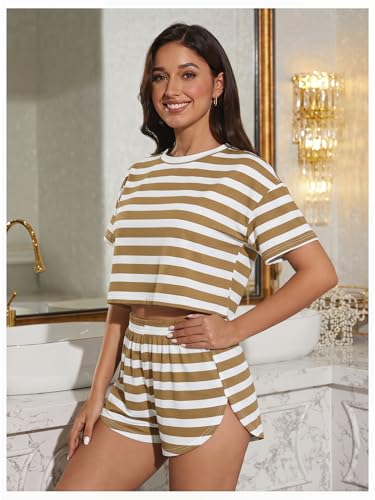 Image of OYOANGLE Womens Pajama Sets 2 Piece Sexy Lounge Sets Summer Cute Pjs Striped Print Tee and Side Split Shorts Set