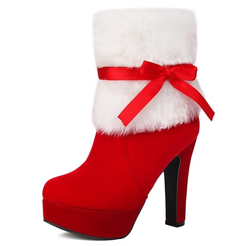 Womens Christmas Boots Platform Heels Ankle Boots With Fur Female Winter Boots Side Zipper Bow Booties