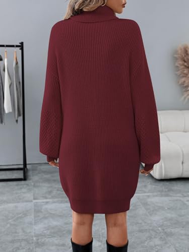 Image of Women's Turtleneck Textured Lantern Sleeve Ribbed Knit Mini Dress Pullover Oversized Sweater Dresses S-XL