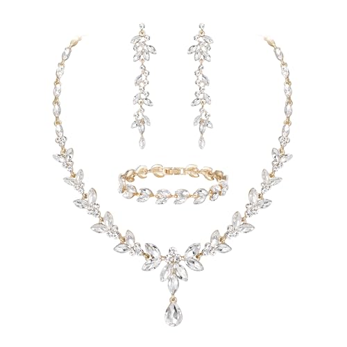 EVER FAITH Parure de bijoux de mariée en cristal autrichien - Élégant collier avec feuilles en strass et boucles d'oreilles pendantes Bracelet de tennis,