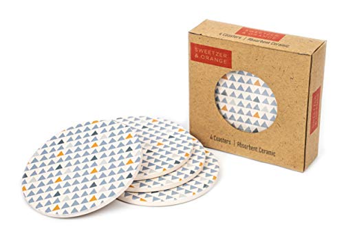 Ceramic Coasters for Drinks by Sweetzer & Orange – Blue Triangles Coasters, Round 4 Piece Coaster Set with Absorbent Ceramic Stone and Cork Base - Absorbant for Table, Desk and Bar