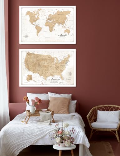 Image of IPIC - World and USA Map Canvas Wall Art, Oversized Travel Map Prints for Office, Home, Study and RV, Push Pin Board Decor for Travel Lovers, Ready to Hang