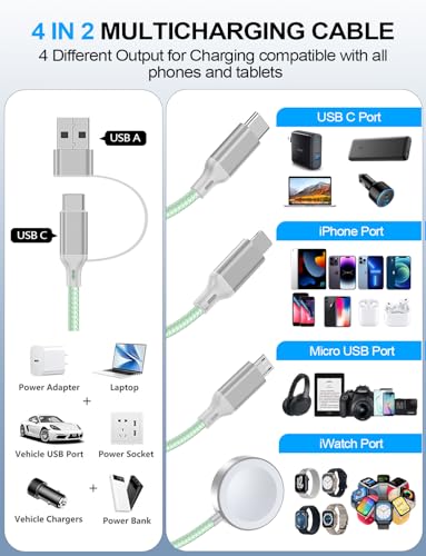 Image of Travel Essentials,2 Pack Multi Charging Cable for Apple Watch Charger /iPhone /Samsung Charger,Type C /Lightning /iWatch /Micro Charging Cable for iWatch Ultra /10-2 /iPhone /Galaxy /Airpods[1.5M]