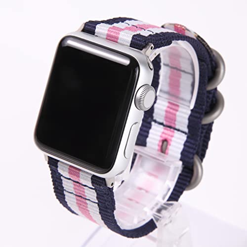 Airself Apple Watch 対応ベルト コンパチブル 時計バンド NATOベルト アップルウォッチ交換ストラップ iWatch 38mm 40mm 41mm 42mm 44mm 45mm Watch Series 6/SE/5/4/3/2/1に対応 (38mm/40mm/41mm, ネイビー×ホワイト×ピンク×ホワイト×ネイビー(銀バックル))
