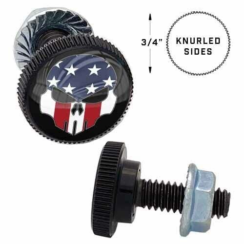 2 SM Black Knurled - License Plate Frame Fastener Tag Bolts - USA Skull G B Style-9856-3142