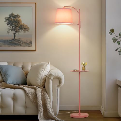 Image of AIDENOEY Fully Dimmable Floor Lamp for Living Room，Standing Lamp Rotary Switch with Table&Linen Beige Shade，Pink Tall Lamps for Bedroom with Adjust Head，9W LED Bulb Included