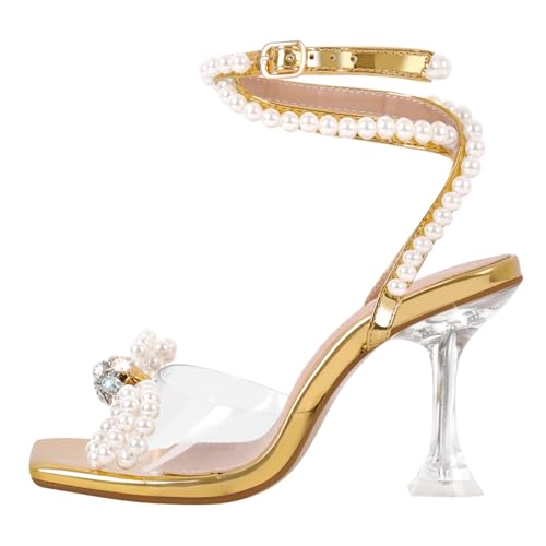 Image of Yolkomo Women's Square Toe Clear Heels Sexy Rhinestone Bow Heels Open Toe Ankle Strap Stiletto High Heel Sandals