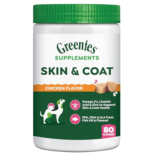 Greenies Supplements Dog Skin and Coat Supplements with Fish Oil & Omega 3 Fatty Acids, Chicken Flavor, 14.7 oz. 80-Count