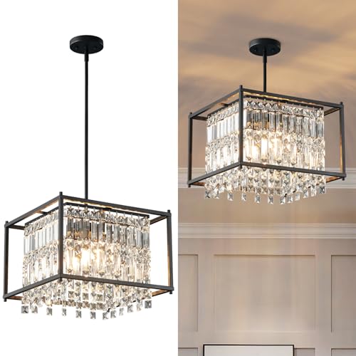 Image of LMQNINE Modern Foyer Chandelier, Black Crystal Chandelier Entryway Pendant Light Fixture, Square Adjustable Height Chandeliers for Kitchen Island, L15.74'' x H9.84''