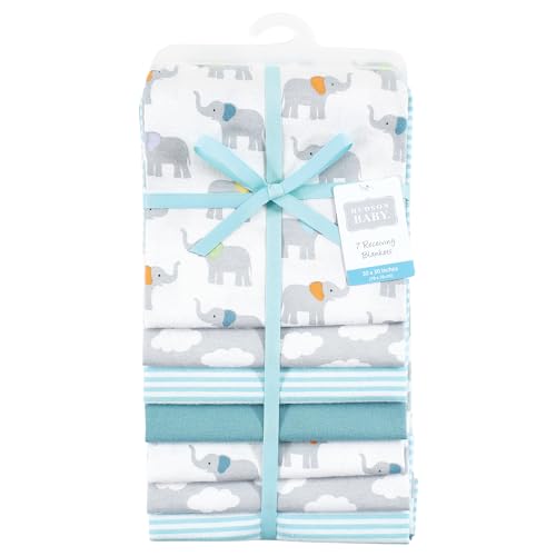 Image of Little Treasure Hudson Baby Cotton Poly Flannel Receiving Blankets Multipack, Grey Teal Elephant, 30x30 inches