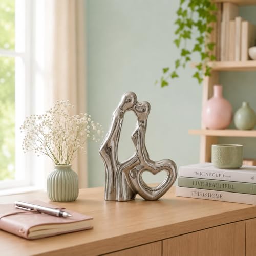 Image of Amazon Basics Serene Abstract Couple Figurine for Home & Office Decor | Modern Ceramic Love Sculpture Showpiece for Living Room, Shelf, Study Table & Bedroom Styling (Silver, 7 cm)