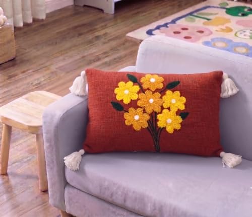 Image of Furnistitchs Boho Rectangle Cushion Cover 12x20 inches | Handmade Decorative Throw Pillow Case | Bohemian Home Decor Sofa Bed Cushion Cover Living Room Bedroom (1, Rust Bouquet, 12x20 inches)