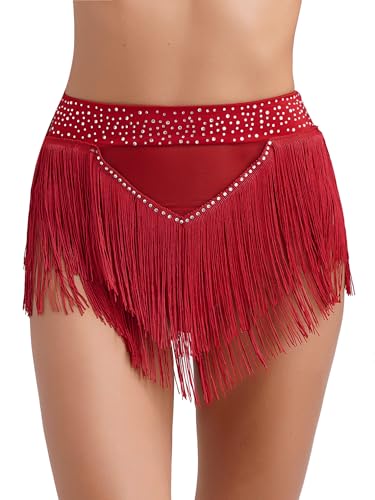 easyforever Women's High Waist Fringe Trim Shorts Rhinestone Belly Dance Samba Dancewear Bottoms Burgundy Medium