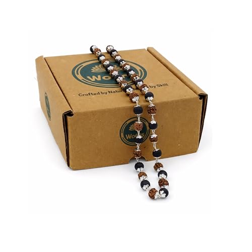 Image of Karungali Malai Silver Plated Original with Rudraksha | 54 Beads Ebony wood Panchmukhi Rudraksha Mala Goverment Lab Test Certification Mala with German Silver-Caps | Authentic Karungali Malai for Spiritual Protection, Wisdom & Positivity | Gift for Men & Women - 1 Piece