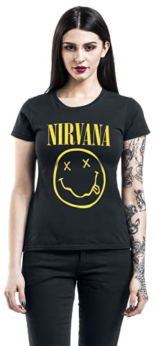 Nirvana Smiley Logo Femme T-Shirt Manches Courtes Noir Regular/Coupe Standard - Les Beatles, Paul McCartney, John Lennon, RIngo Starr, George Harrison Nirvana Smiley Logo Femme T-Shirt Manches Courtes Noir Regular/Coupe Standard – Image 4