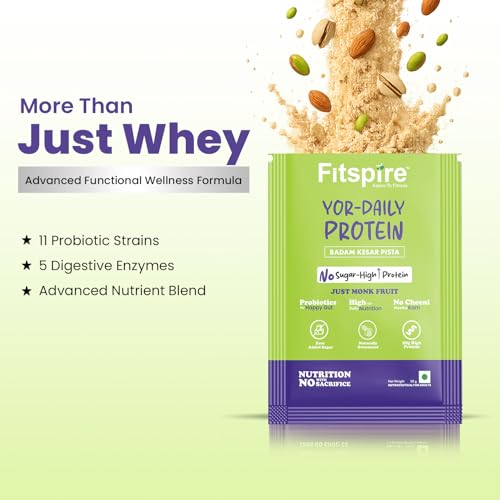 Image of Fitspire YOR Daily Badam Kesar Pista Protein Powder 50g | 20g Protein with 24+ Vitamins & Probiotics for Daily Wellness | Zero Added Sugar, Monk Fruit Sweetened